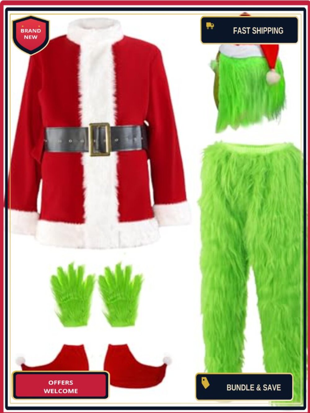 7PCS Adult Santa Monster Costume Furry Plush Christmas Outfit